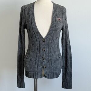 VTG Y2K Hollister Cardigan Sweater Grey Cable Knit M Prep College